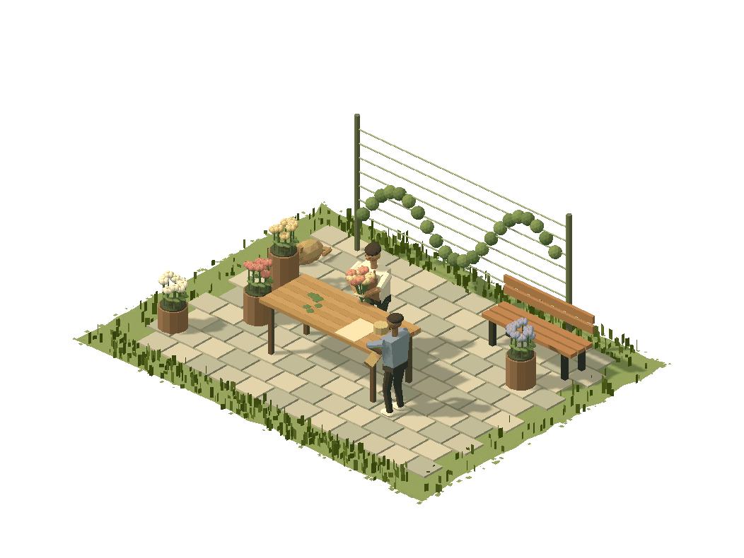 A florist gathers and turns a bouquet while a customer waits. A little care, made visible.